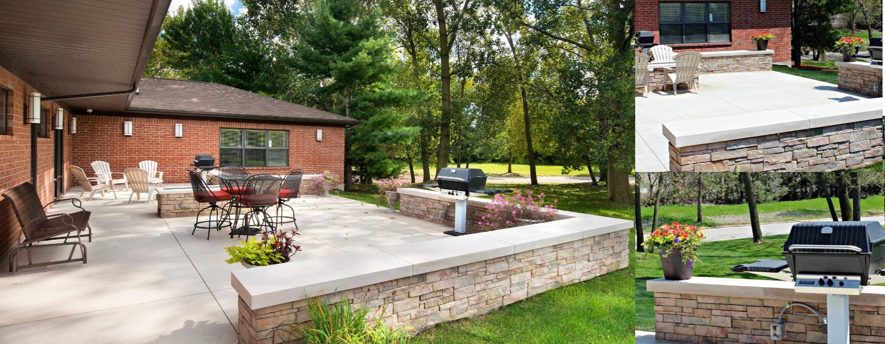 a patio with chairs and tables